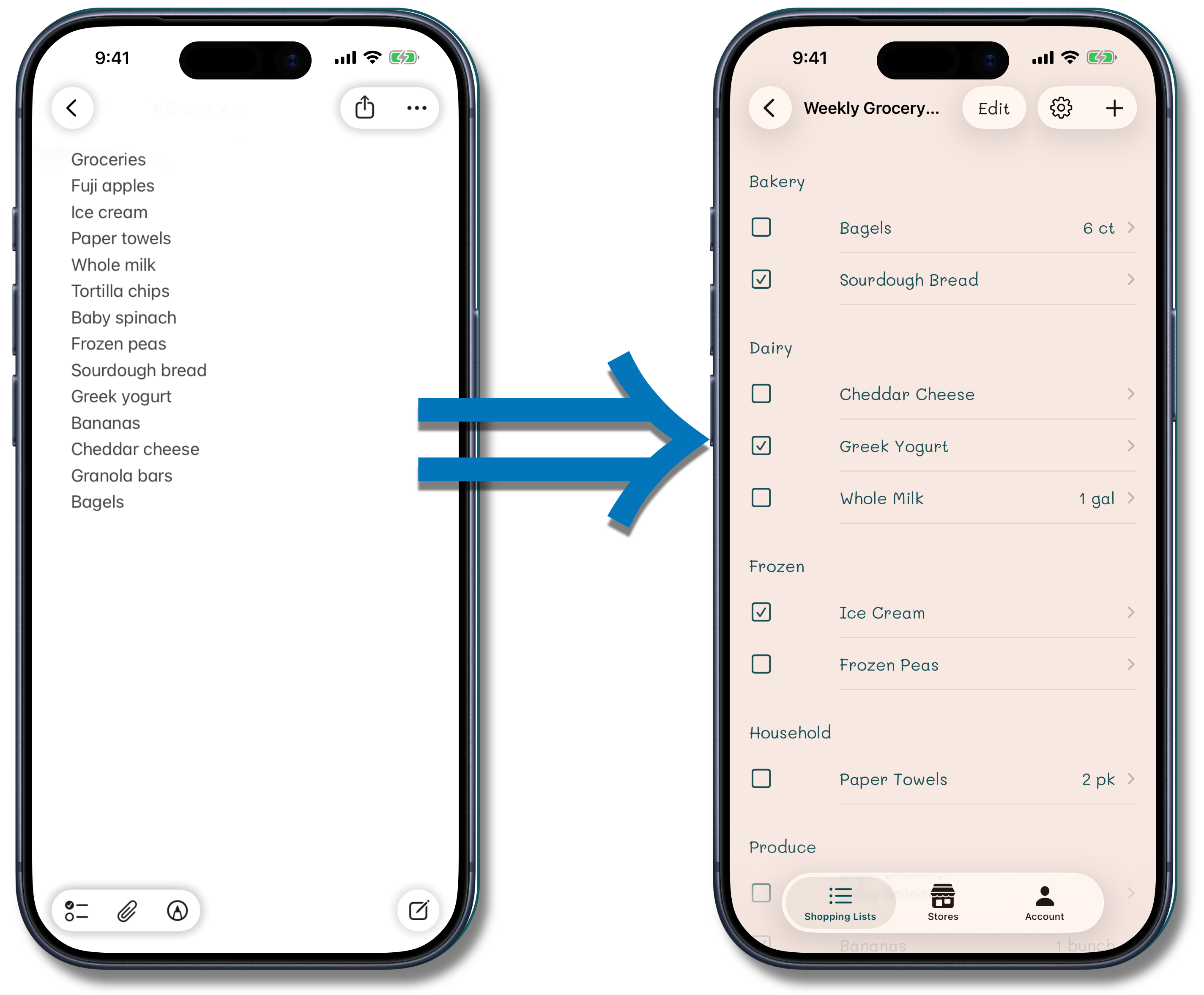 A flat shopping list compared with the same list organized into store aisles by FrostNote.