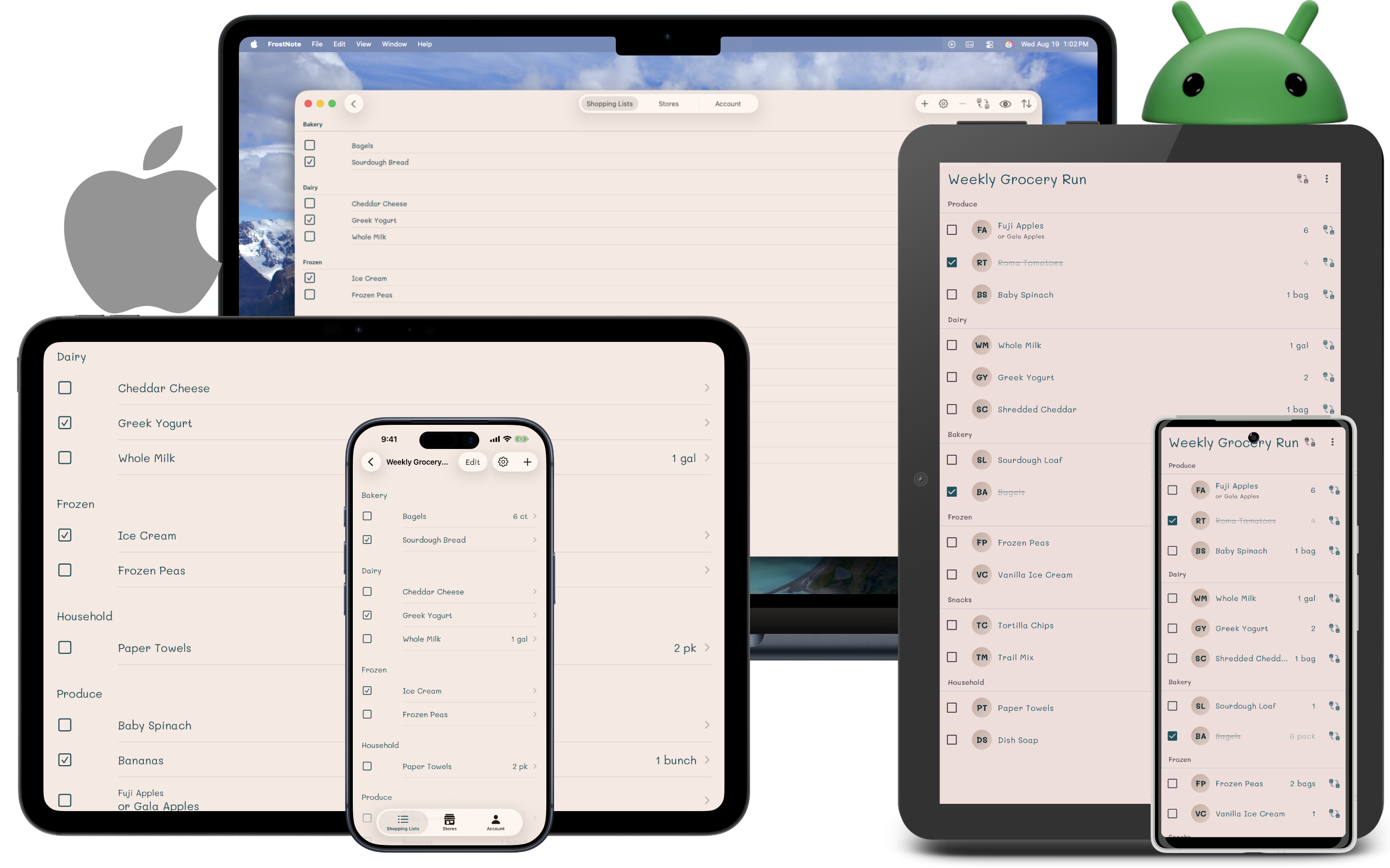 FrostNote running on Mac, iPad, iPhone, Android phone, and Android tablet.