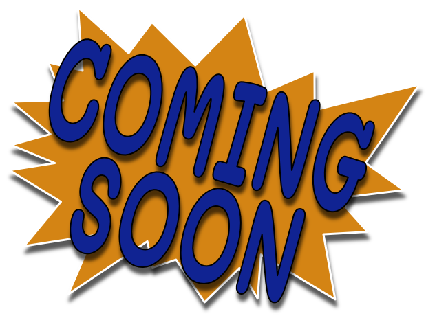 Coming soon badge: an orange starburst with blue lettering