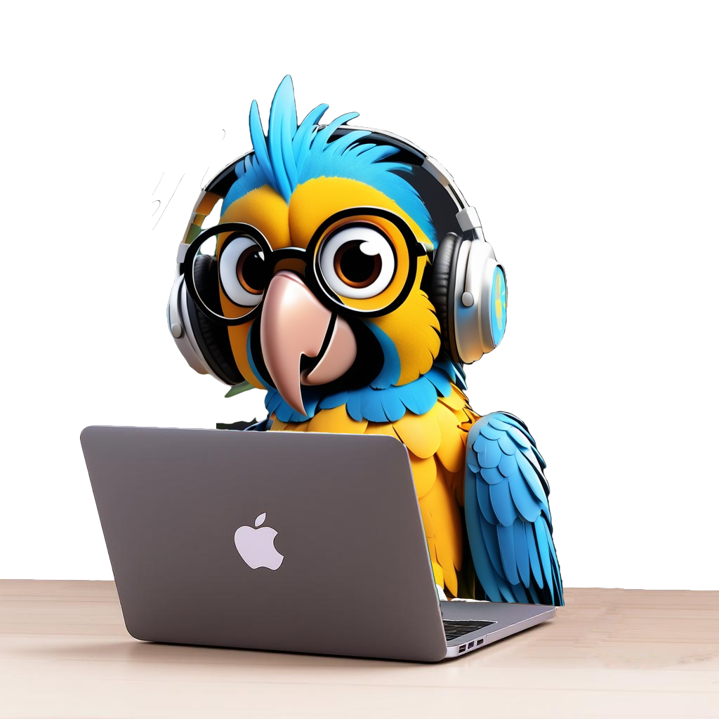 Our mascot, Glitch; a blue and gold maccaw with glasses and headphones behind a MacBook Pro.
